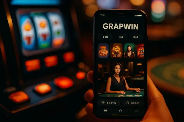 একজন তরুণী তার ফোনে আরাম করে গেম খেলছেন, আর চারপাশে ভাসছে ডায়নামিক ক্যাসিনো উপাদান—যা GRAPWIN অ্যাপের মসৃণ মোবাইল অভিজ্ঞতাকে ফুটিয়ে তোলে।