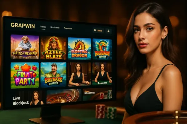 A glamorous woman holding casino chips in a neon-lit environment, representing the premium online casino atmosphere of GRAPWIN.