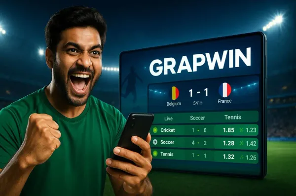 GRAPWIN Games — Discover modern slots and table adventures A man celebrating a winning moment on his laptop while gaming symbols float around him, capturing the excitement of GRAPWIN games.