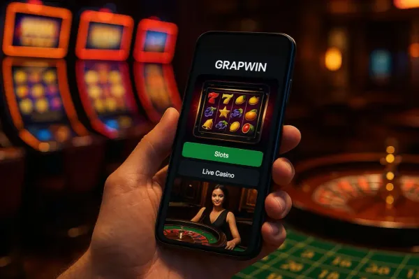 A woman smiling by bright slot machines showing lucky symbols, showcasing the exciting slot offerings at GRAPWIN.